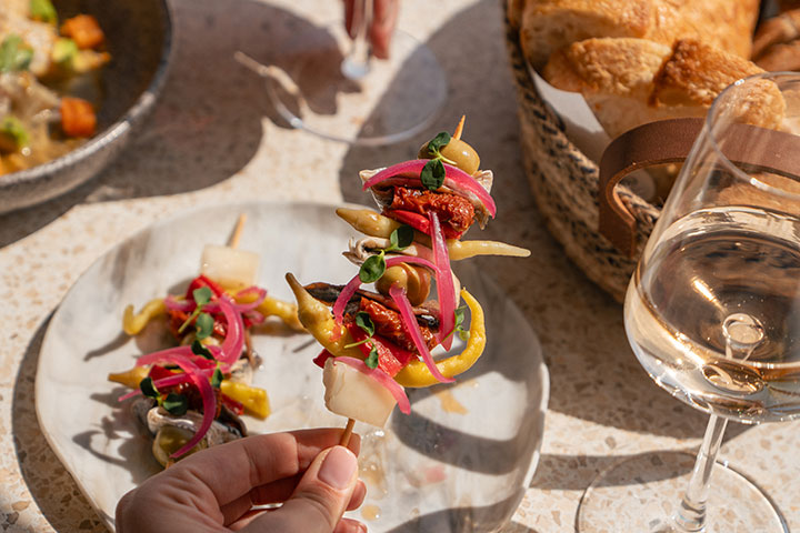 Skewer with piparras. Victoria Grand Café, Mallorca