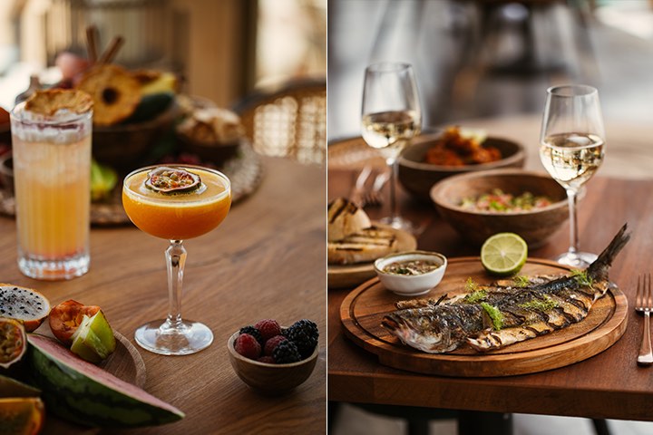 Cocktail and grilled fish. Monkey Ibiza