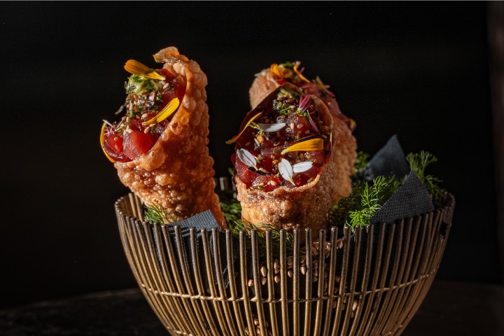 Tuna tartar cornet with soy dressing and avocado