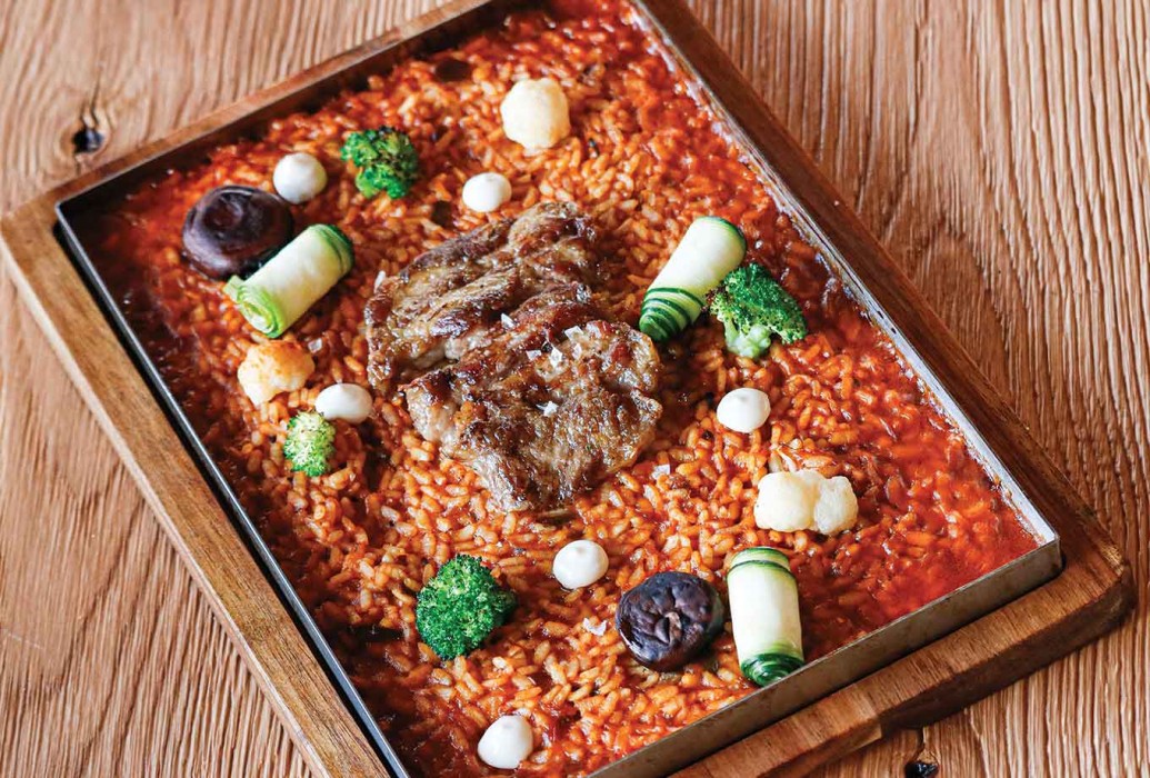Arroz con pluma ibérica. Restaurante Ca Na Marcè, Mallorca Arroz con pluma ibérica. Restaurante Ca Na Marcè, Mallorca