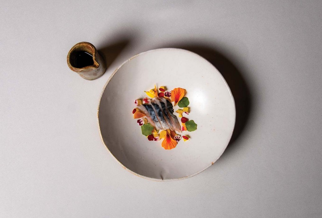 Cured mackerel with verjuice, sprouts and flowers from its garden. Fusion19. Mallorca Cured mackerel with verjuice, sprouts and flowers from its garden. Fusion19. Mallorca