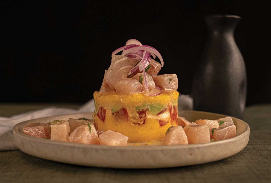 Causa of sea bass acevichada. Munay Restaurant. Palma de Mallorca Causa of sea bass acevichada. Munay Restaurant. Palma de Mallorca