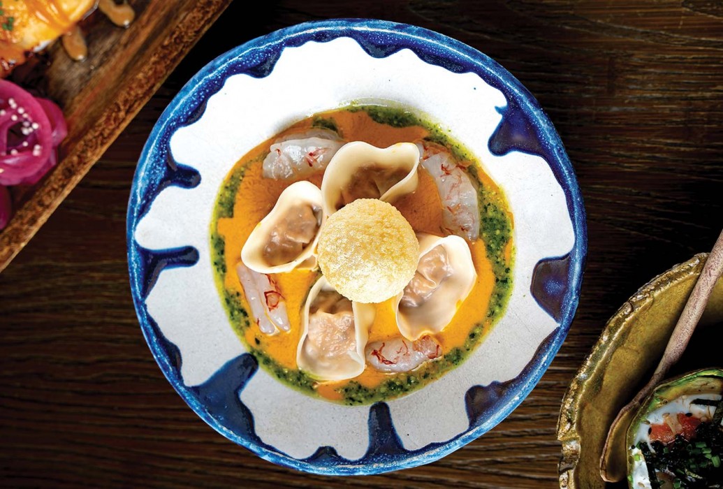 Beef Dim Sum, thai curry pesto, cured shrimp and panipuri. Kasui Restaurant, Palma de Mallorca Beef Dim Sum, thai curry pesto, cured shrimp and panipuri. Kasui Restaurant, Palma de Mallorca