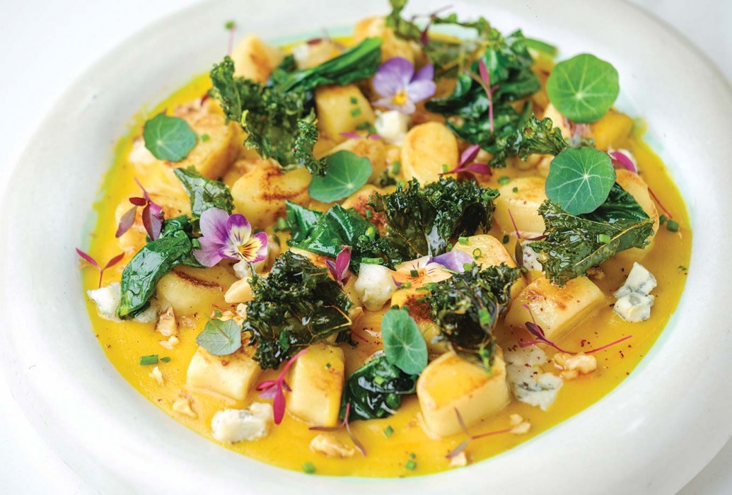 Gnocchi with creamy roasted pumpkin, gorgonzola, walnurs and kale. Suculenta Port de Sóller. Mallorca Gnocchi with creamy roasted pumpkin, gorgonzola, walnurs and kale. Suculenta Port de Sóller. Mallorca