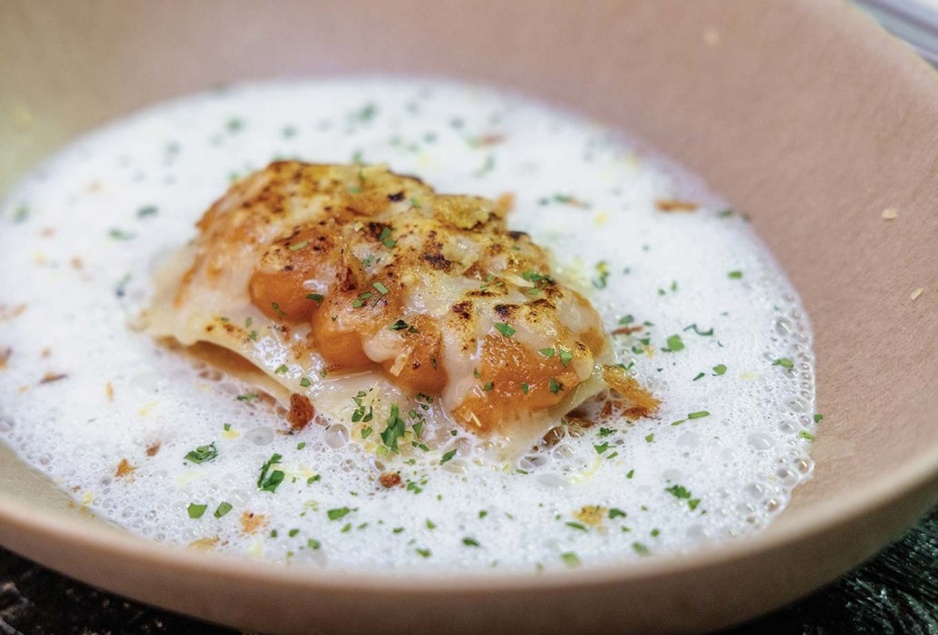 Pumpkin lasagna with lime and coconut foam. 2K Street Gourmet restaurant, Mallorca Pumpkin lasagna with lime and coconut foam. 2K Street Gourmet restaurant, Mallorca