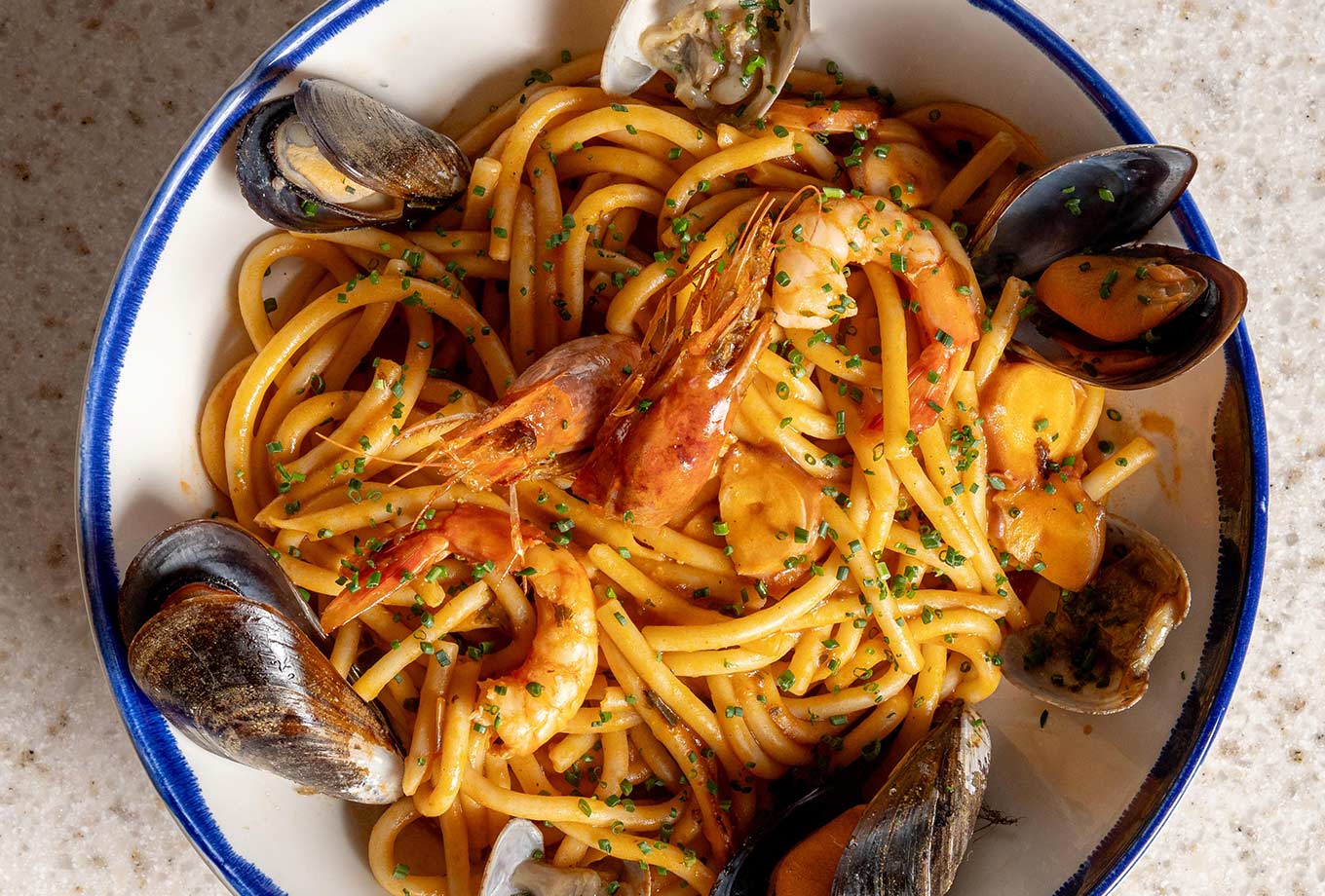 Seafood pasta. Gran Café 1919 Restaurant. Mallorca Seafood pasta. Gran Café 1919 Restaurant. Mallorca