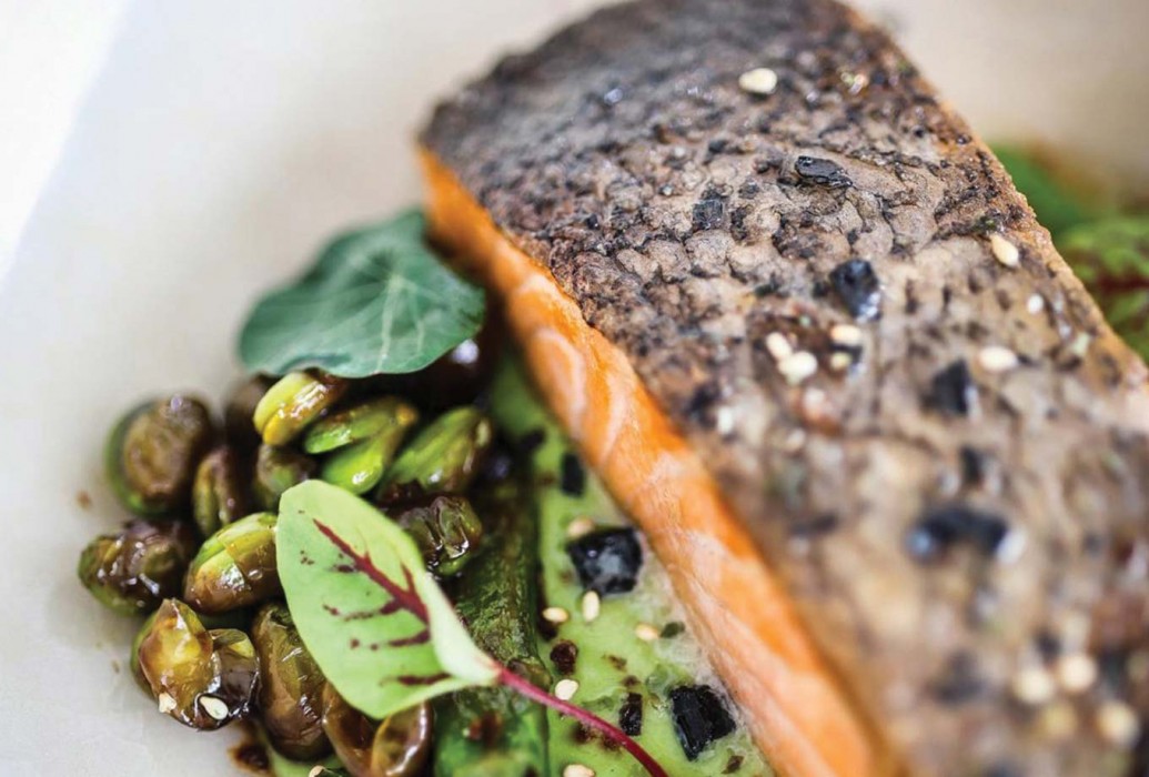 Grilled salmon with edamame cream. Carmen Restaurant by Blanco Grilled salmon with edamame cream. Carmen Restaurant by Blanco