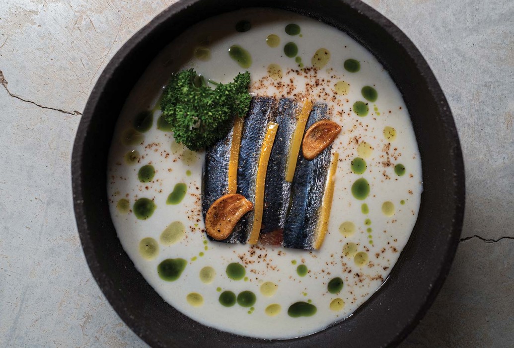 Pickled sardines, melon ajoblanco Pickled sardines, melon ajoblanco