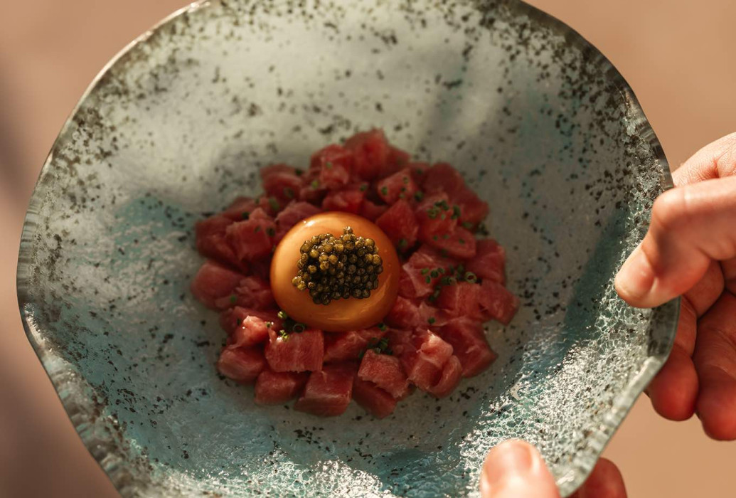 Bluefintuna tartare with egg yolk and caviar. La Mirada Restaurant, Ibiza Bluefintuna tartare with egg yolk and caviar. La Mirada Restaurant, Ibiza
