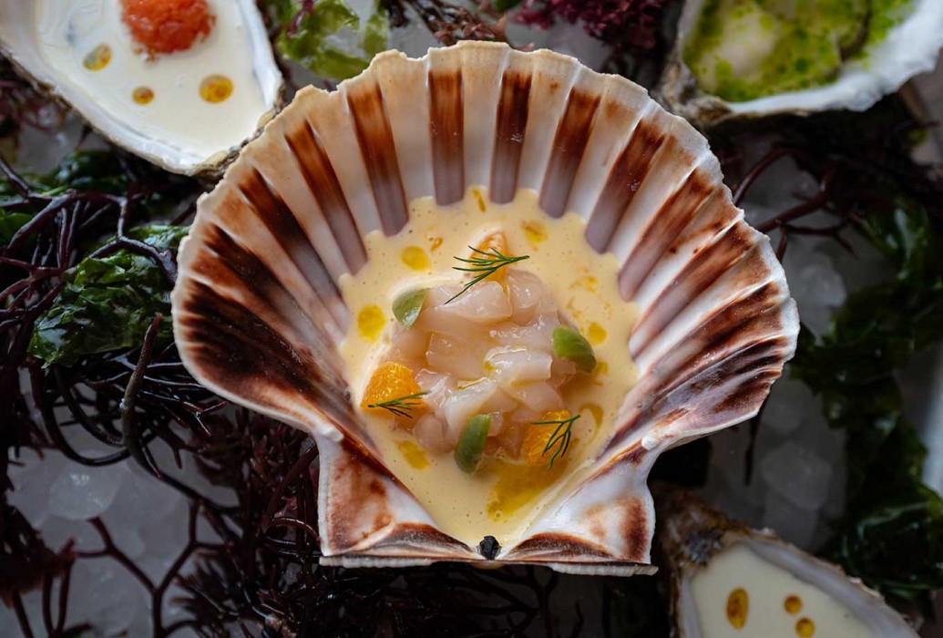 Scallop, orange bearnaise sauce. Casa Jondal restaurant, Ibiza Scallop, orange bearnaise sauce. Casa Jondal restaurant, Ibiza